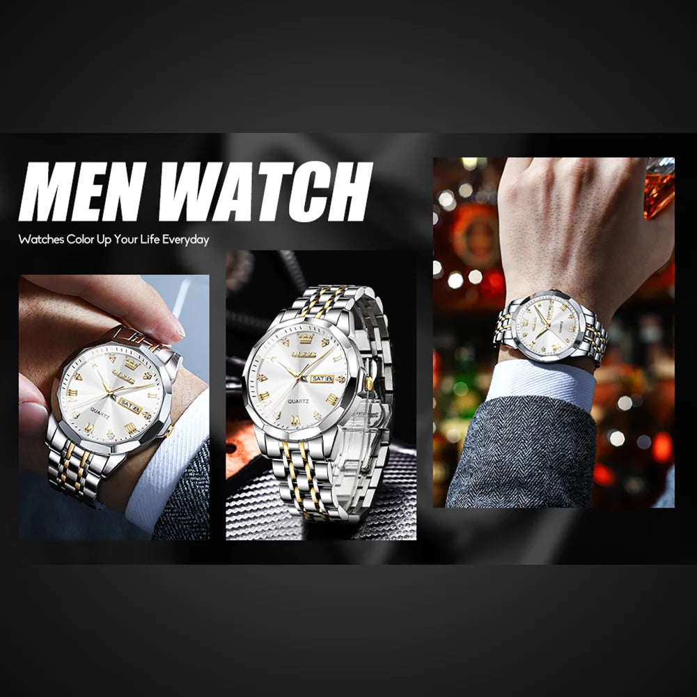 Luxury Silver Watches for Men Gold and Silver Stainless Steel Large Face Men Watch with Day Date Dress Waterproof Classic Diamond Men'S Wrist Watches Fashion Luminous