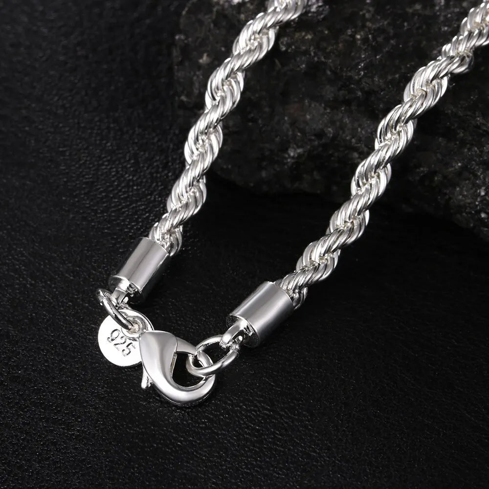 Silver Color 4Mm Chain Male Twisted Rope Necklace Bracelets Fashion Women Men Silver High Quality Jewelry Set