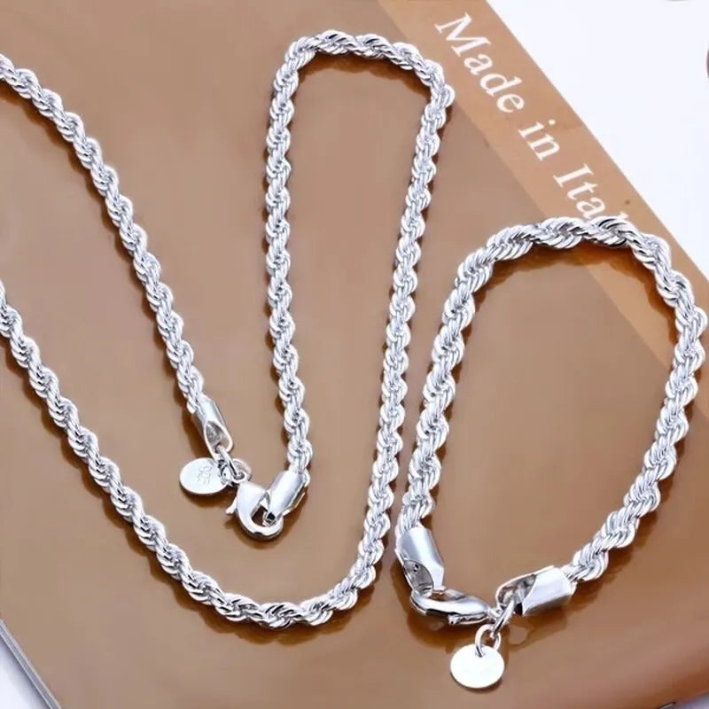 Silver Color 4Mm Chain Male Twisted Rope Necklace Bracelets Fashion Women Men Silver High Quality Jewelry Set