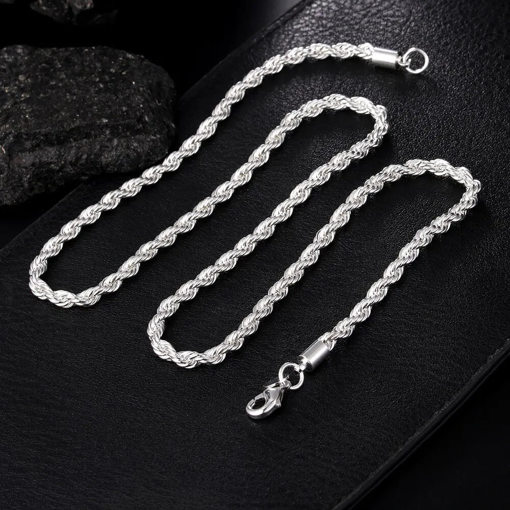 Silver Color 4Mm Chain Male Twisted Rope Necklace Bracelets Fashion Women Men Silver High Quality Jewelry Set