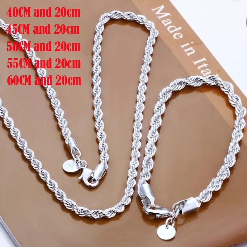 Silver Color 4Mm Chain Male Twisted Rope Necklace Bracelets Fashion Women Men Silver High Quality Jewelry Set